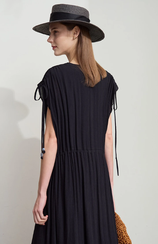Ruffled Sleeveless V-Neck Hem Drawstring Raglan Sleeve Dress
