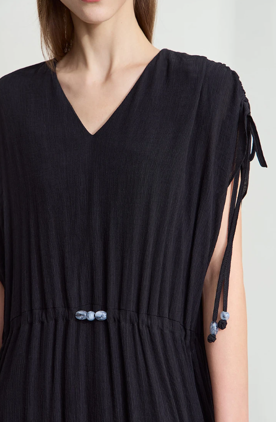 Ruffled Sleeveless V-Neck Hem Drawstring Raglan Sleeve Dress