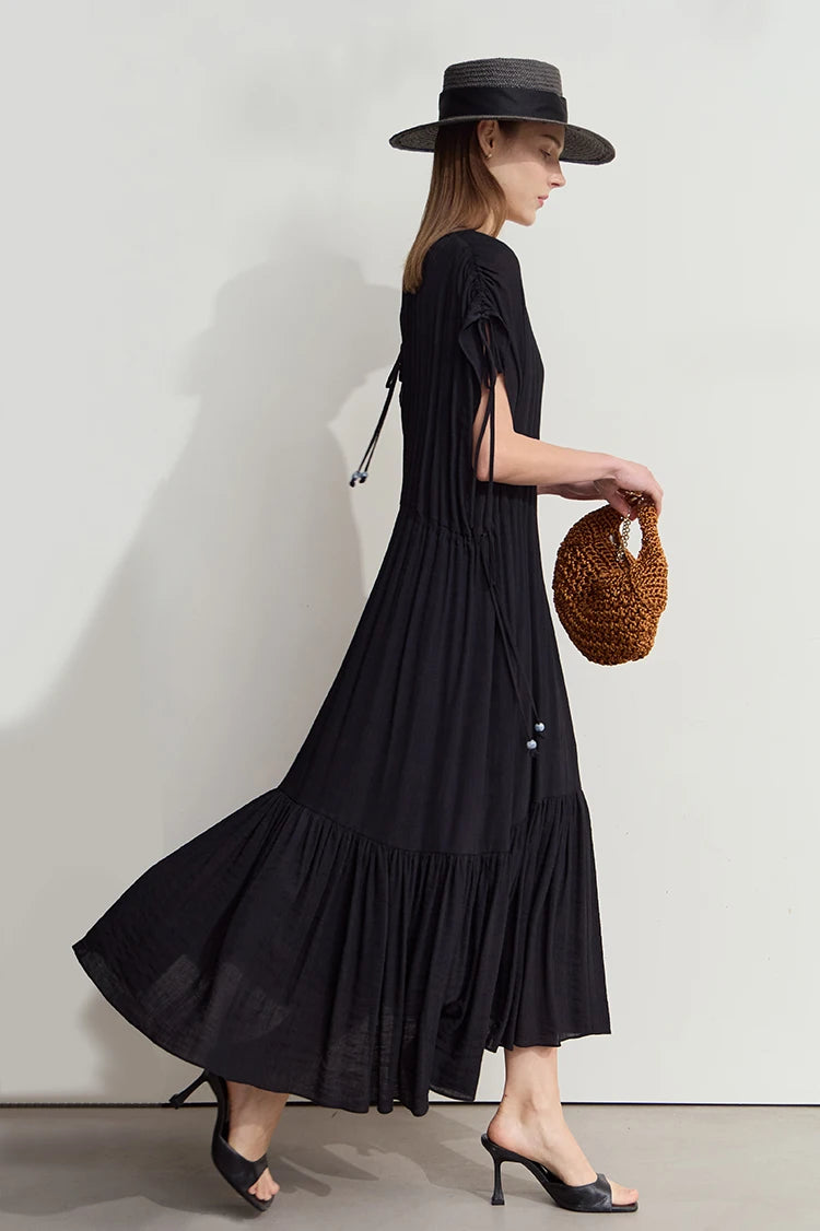 Ruffled Sleeveless V-Neck Hem Drawstring Raglan Sleeve Dress