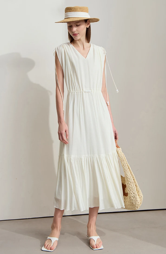 Ruffled Sleeveless V-Neck Hem Drawstring Raglan Sleeve Dress