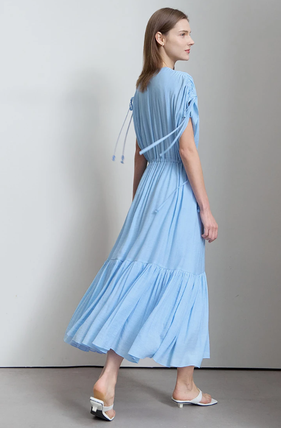 Ruffled Sleeveless V-Neck Hem Drawstring Raglan Sleeve Dress