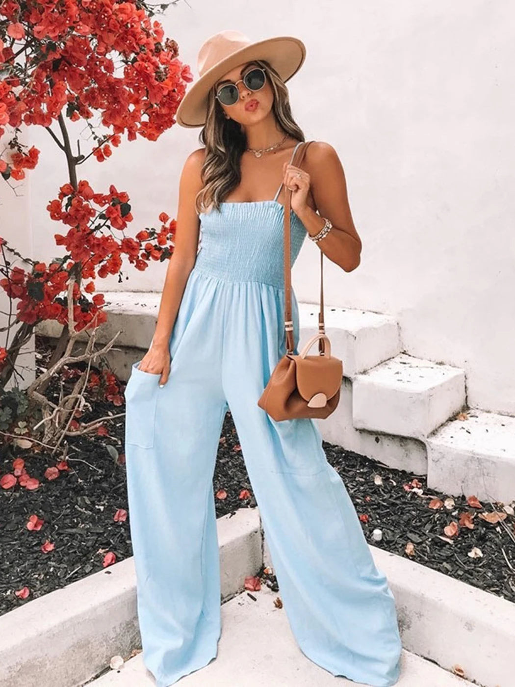 Loose Suspenders Casual Boho Beach Holiday Wide-leg Trousers Jumpsuit