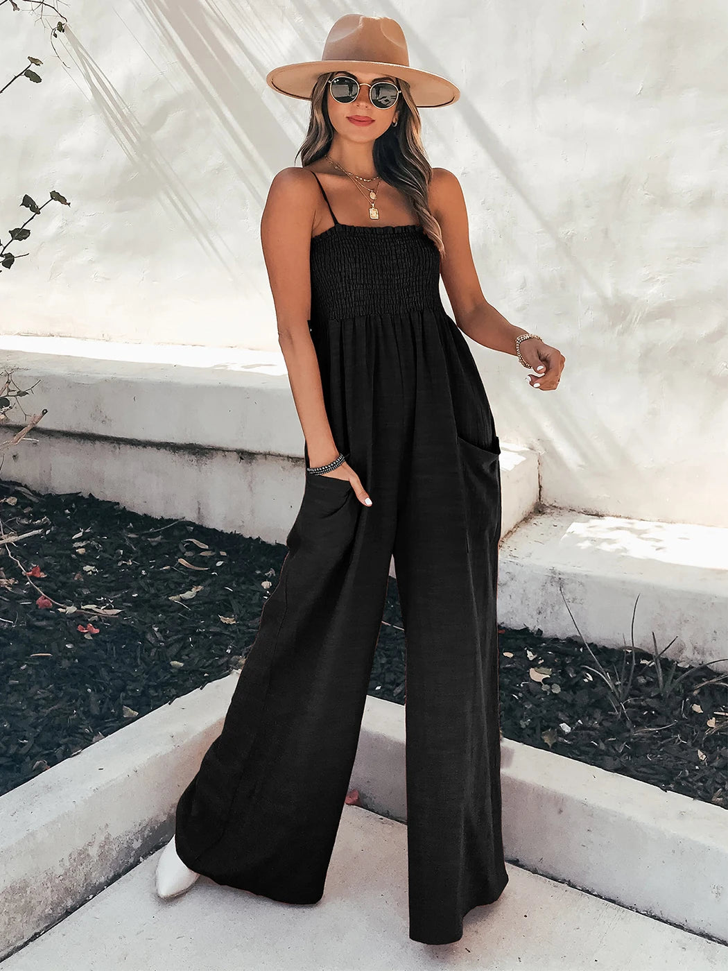 Loose Suspenders Casual Boho Beach Holiday Wide-leg Trousers Jumpsuit