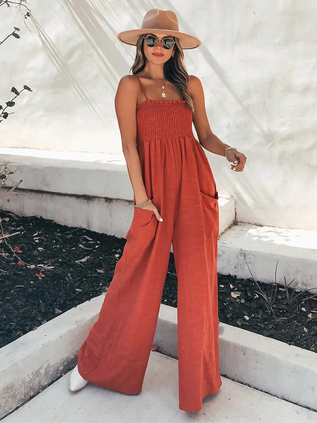 Loose Suspenders Casual Boho Beach Holiday Wide-leg Trousers Jumpsuit