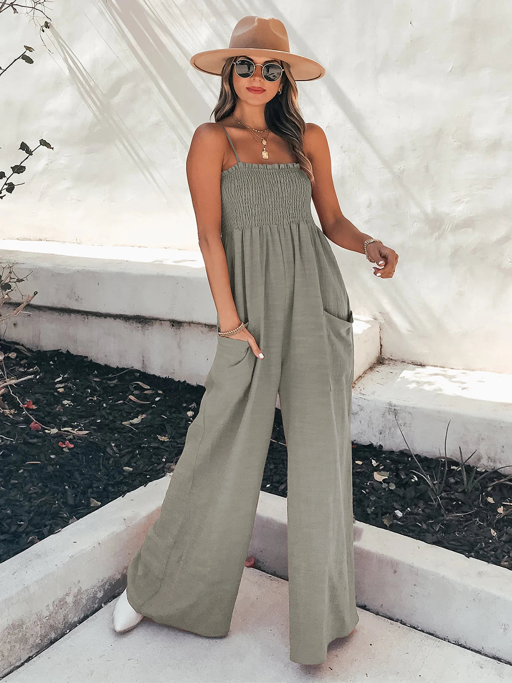 Loose Suspenders Casual Boho Beach Holiday Wide-leg Trousers Jumpsuit