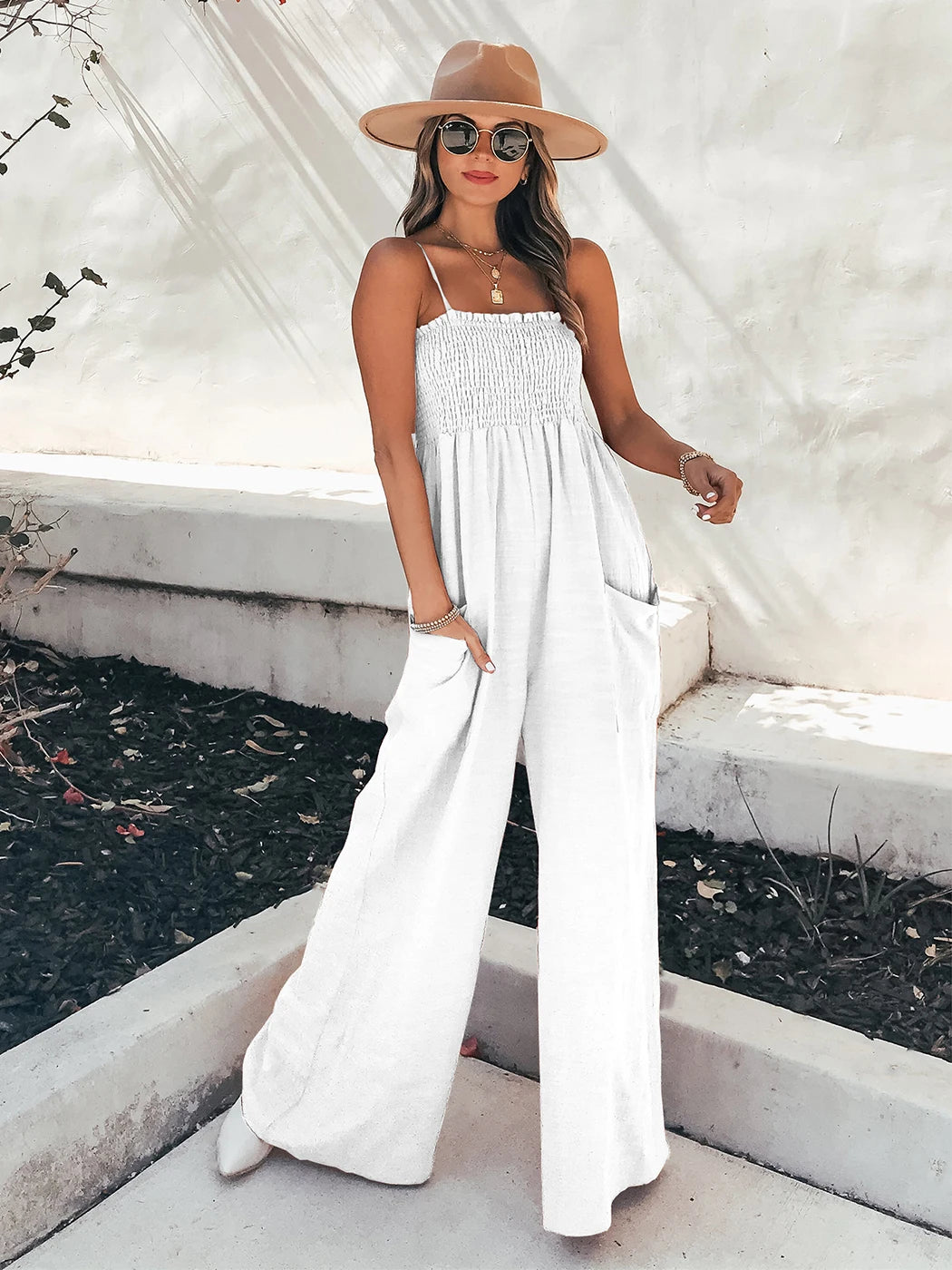 Loose Suspenders Casual Boho Beach Holiday Wide-leg Trousers Jumpsuit