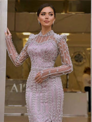 Luxurious Beaded Long-Sleeved A-line Floor-Length Party Prom Maxi Dress