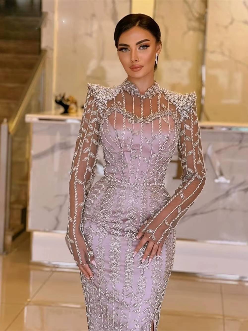 Luxurious Beaded Long-Sleeved A-line Floor-Length Party Prom Maxi Dress
