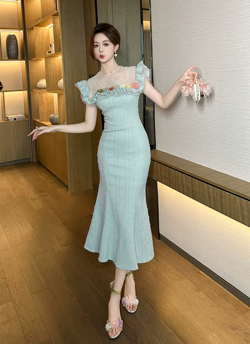Luxurious Elegant Pearl O-neck Flowers Ruffles Delicate Dress