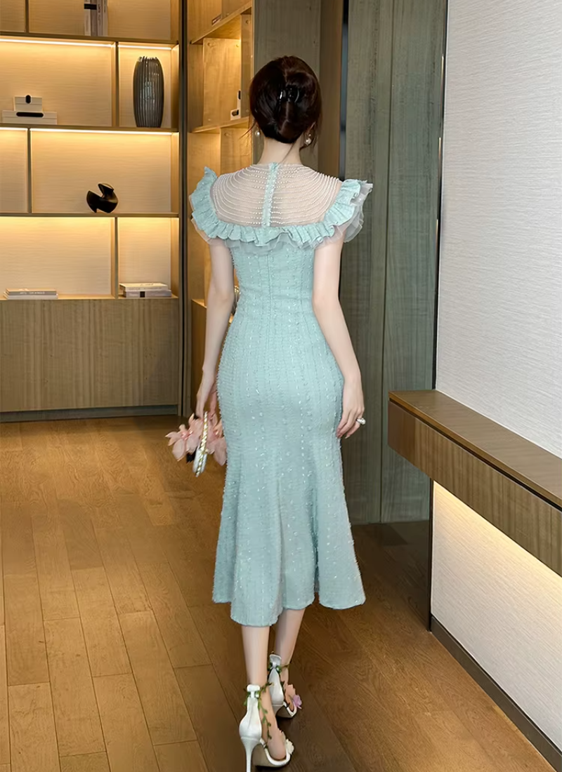Luxurious Elegant Pearl O-neck Flowers Ruffles Delicate Dress