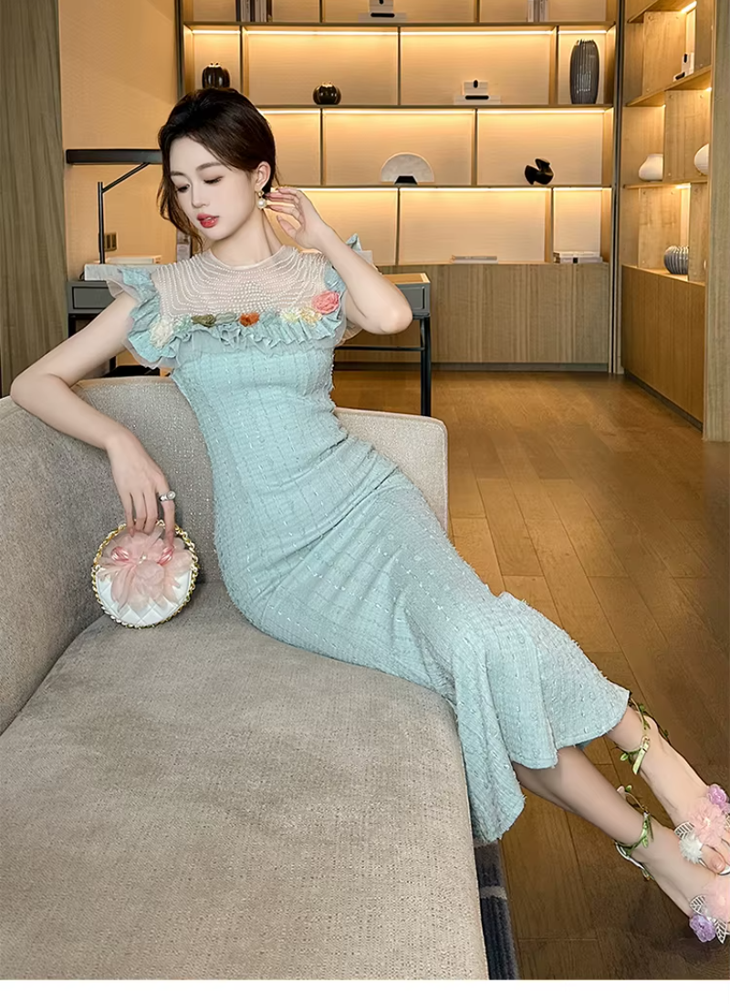 Luxurious Elegant Pearl O-neck Flowers Ruffles Delicate Dress