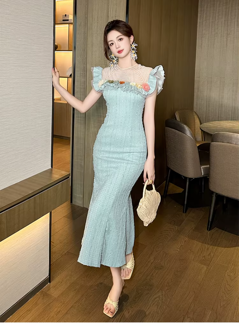 Luxurious Elegant Pearl O-neck Flowers Ruffles Delicate Dress