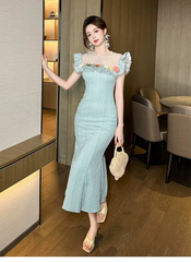 Luxurious Elegant Pearl O-neck Flowers Ruffles Delicate Dress
