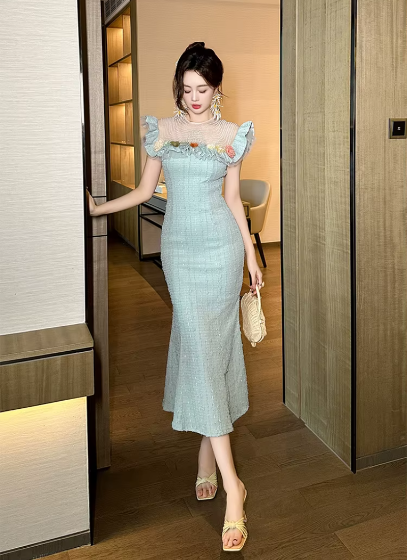 Luxurious Elegant Pearl O-neck Flowers Ruffles Delicate Dress