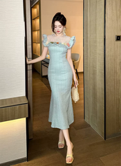 Luxurious Elegant Pearl O-neck Flowers Ruffles Delicate Dress