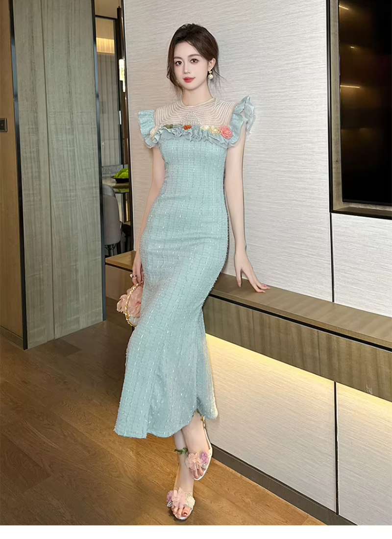 Luxurious Elegant Pearl O-neck Flowers Ruffles Delicate Dress