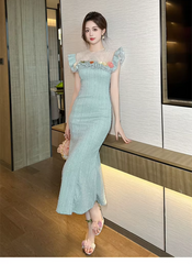 Luxurious Elegant Pearl O-neck Flowers Ruffles Delicate Dress