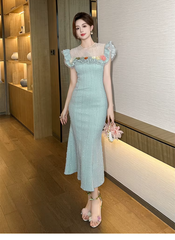 Luxurious Elegant Pearl O-neck Flowers Ruffles Delicate Dress