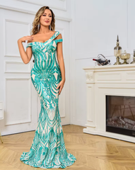 Luxurious Sequin Off-Shoulder Mermaid Sleeveless Floor-Length Evening Maxi Dress