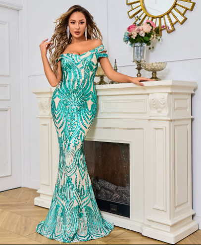 Luxurious Sequin Off-Shoulder Mermaid Sleeveless Floor-Length Evening Maxi Dress