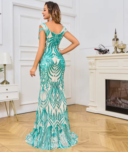 Luxurious Sequin Off-Shoulder Mermaid Sleeveless Floor-Length Evening Maxi Dress