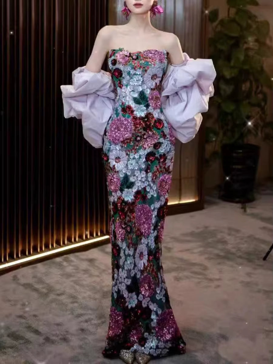 Luxurious Strapless Sleeveless Patchwork Sequins Tunic Maxi Dress