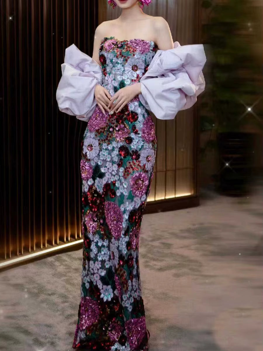 Luxurious Strapless Sleeveless Patchwork Sequins Tunic Maxi Dress