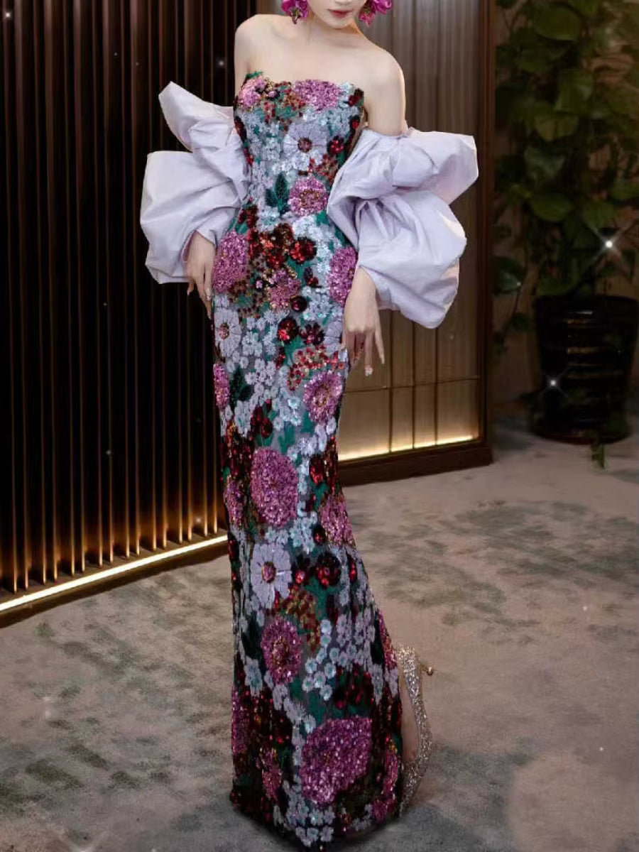 Luxurious Strapless Sleeveless Patchwork Sequins Tunic Maxi Dress