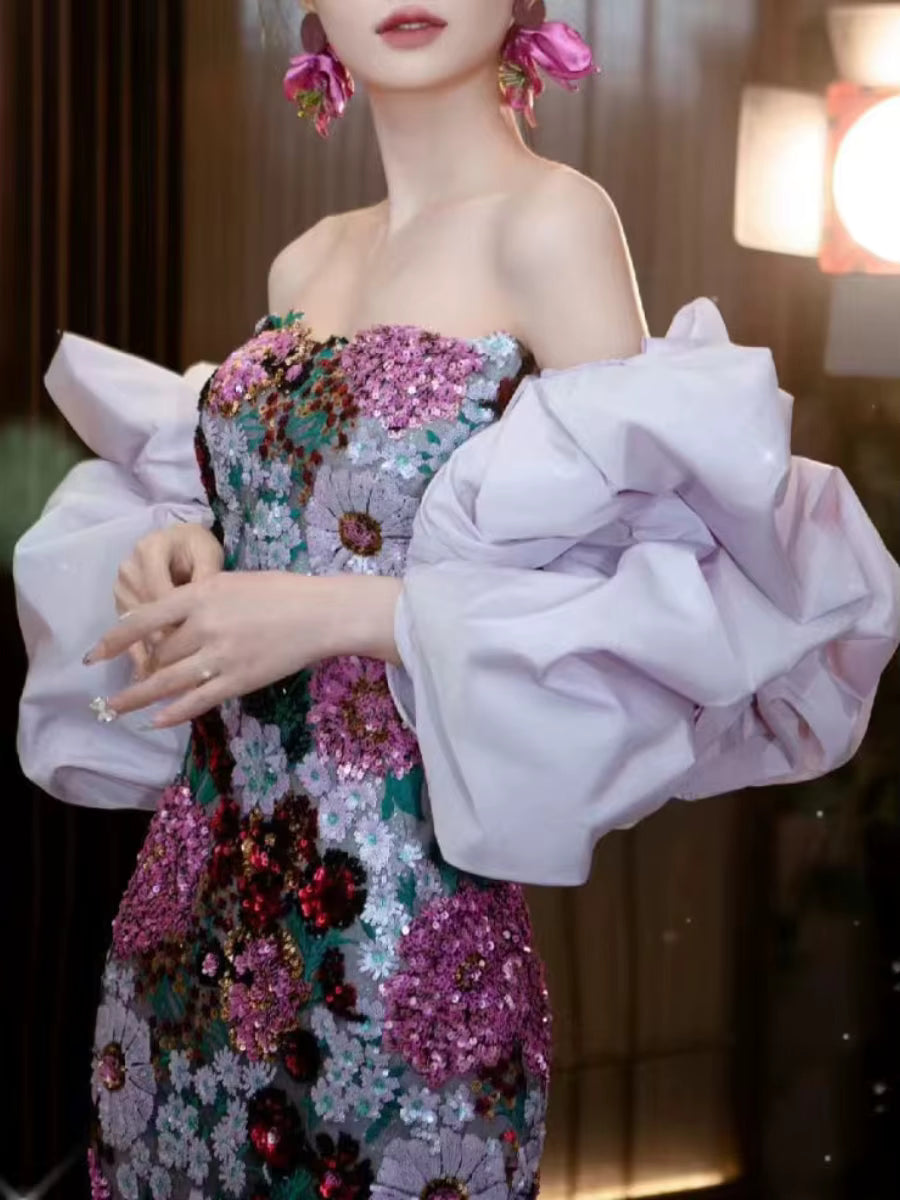Luxurious Strapless Sleeveless Patchwork Sequins Tunic Maxi Dress