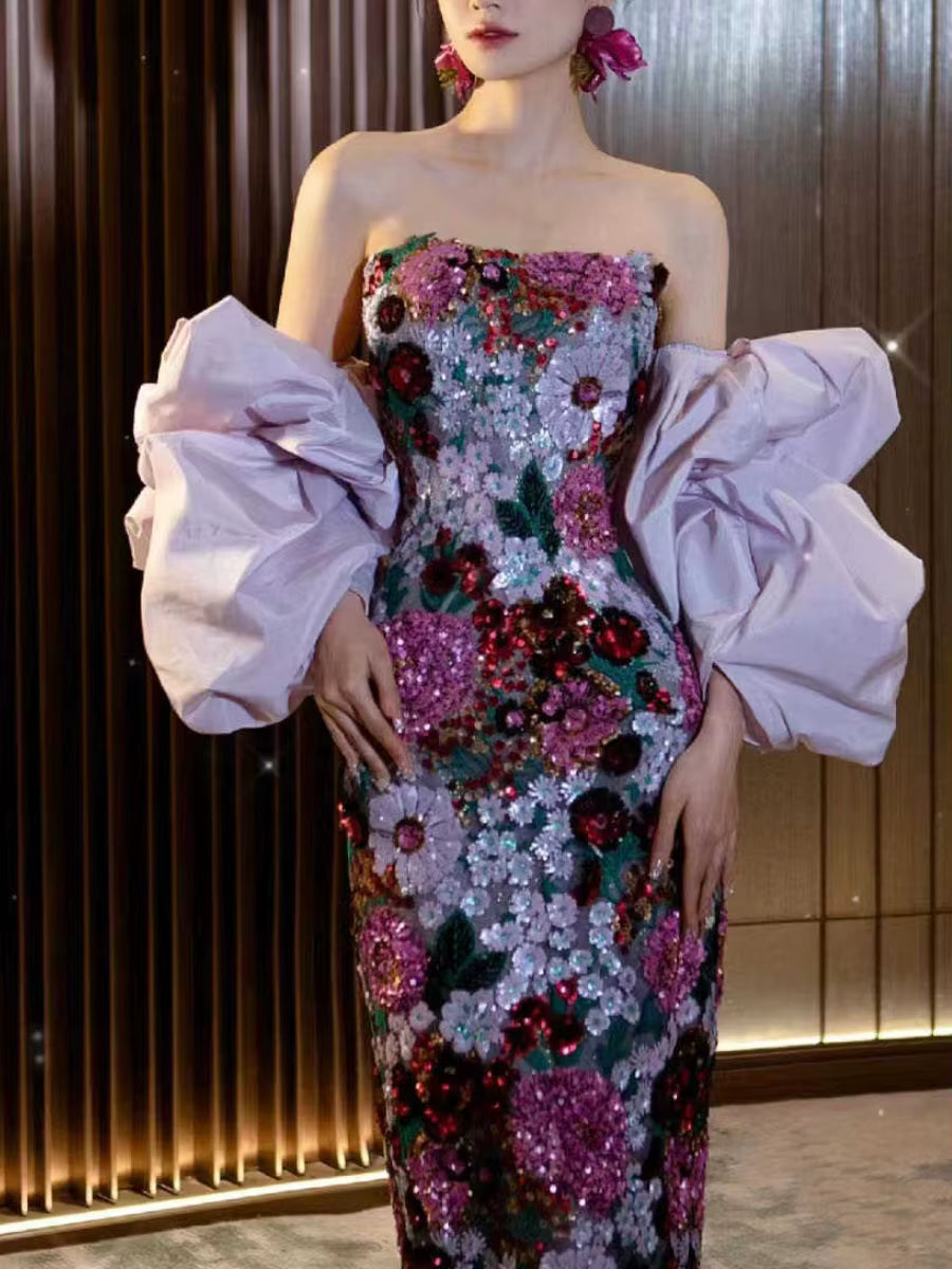 Luxurious Strapless Sleeveless Patchwork Sequins Tunic Maxi Dress