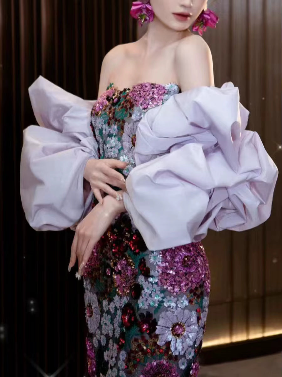 Luxurious Strapless Sleeveless Patchwork Sequins Tunic Maxi Dress
