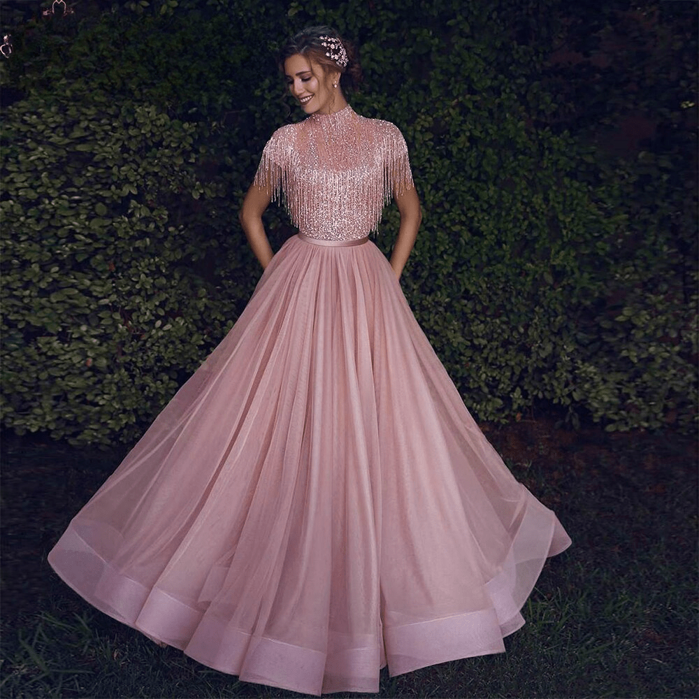Luxury Beaded A-Line Evening Gown Tassels Short Sleeves High Neck Formal Party Dress