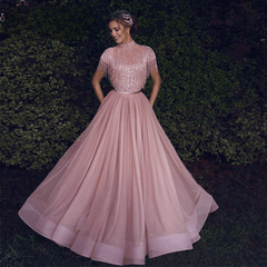 Luxury Beaded A-Line Evening Gown Tassels Short Sleeves High Neck Formal Party Dress