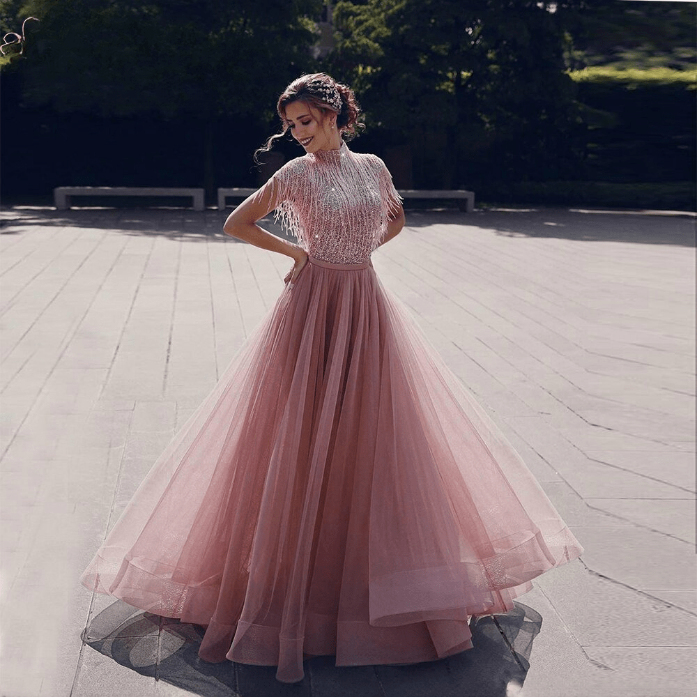 Luxury Beaded A-Line Evening Gown Tassels Short Sleeves High Neck Formal Party Dress