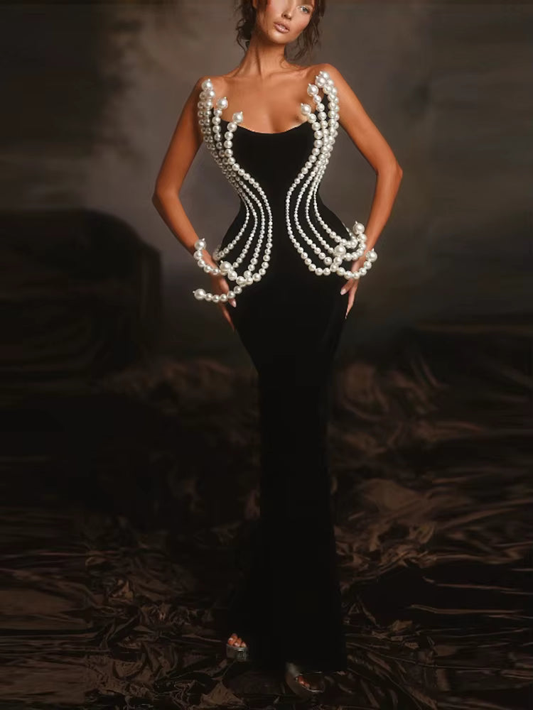 Luxury Backless Pearl Beading Strapless Design Long Bandage Bodycon Maxi Dress