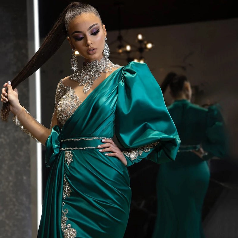 Luxury Beaded High Split Satin Evening Dresses