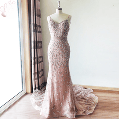 Luxury Beads Spaghetti Strap V Neck Mermaid Formal Evening Prom Wedding Party Gowns