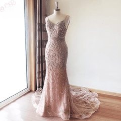 Luxury Beads Spaghetti Strap V Neck Mermaid Formal Evening Prom Wedding Party Gowns