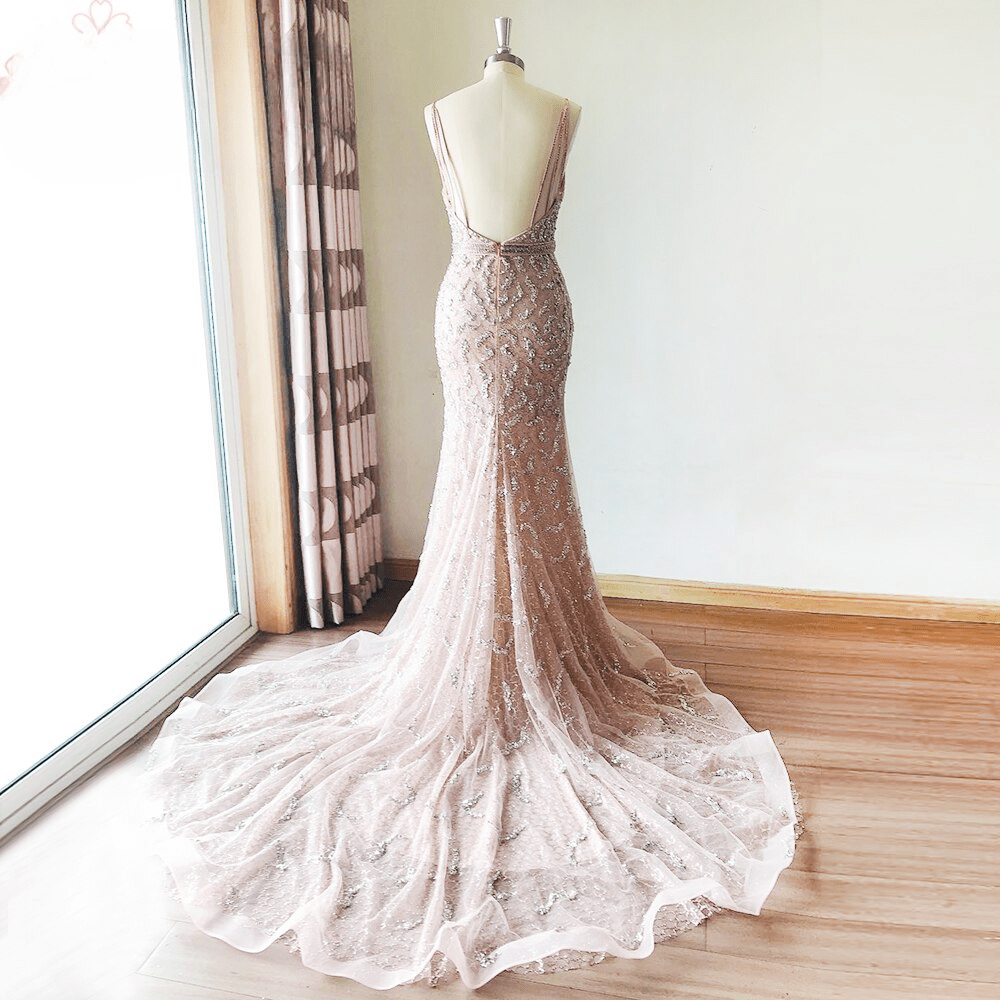 Luxury Beads Spaghetti Strap V Neck Mermaid Formal Evening Prom Wedding Party Gowns
