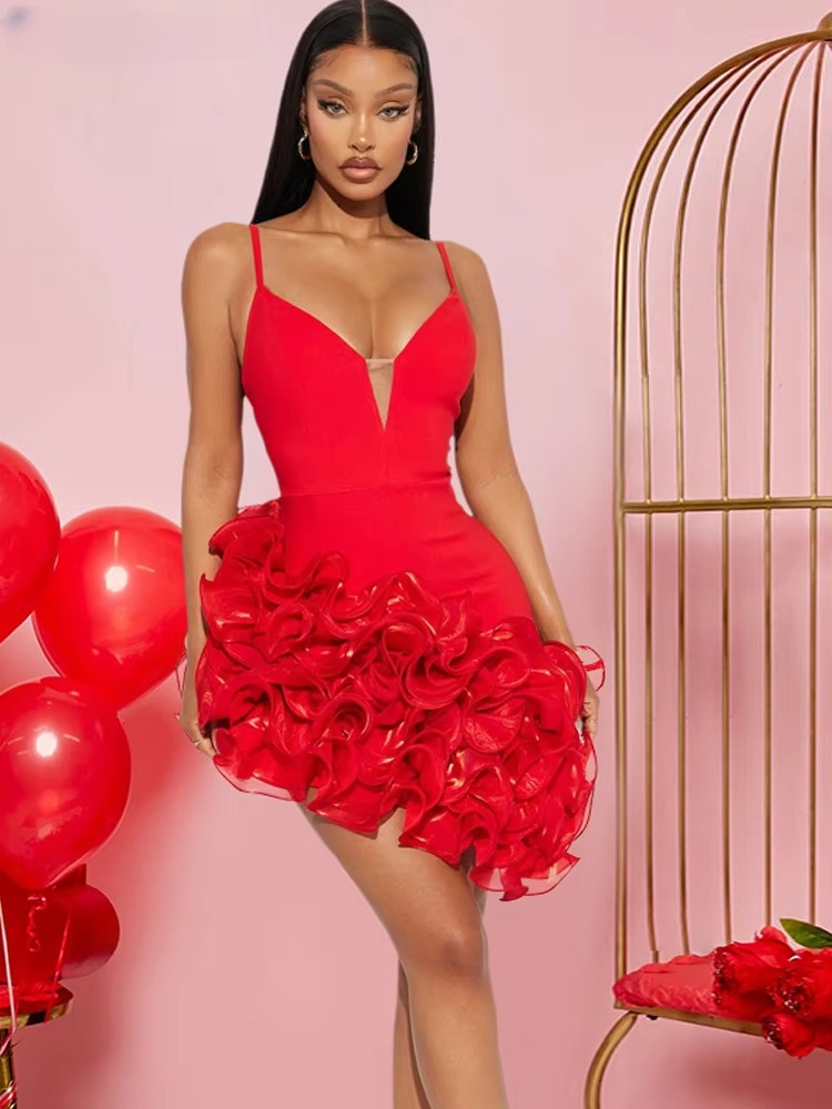 Luxury Beautiful Glam Straps Fitted Ruffle Mini Dress