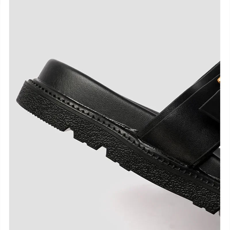 Luxury Brand Designer Platform Slippers for High Quality Soft Leather Metal Buckle Slide Sandals Beach Flat Shoes