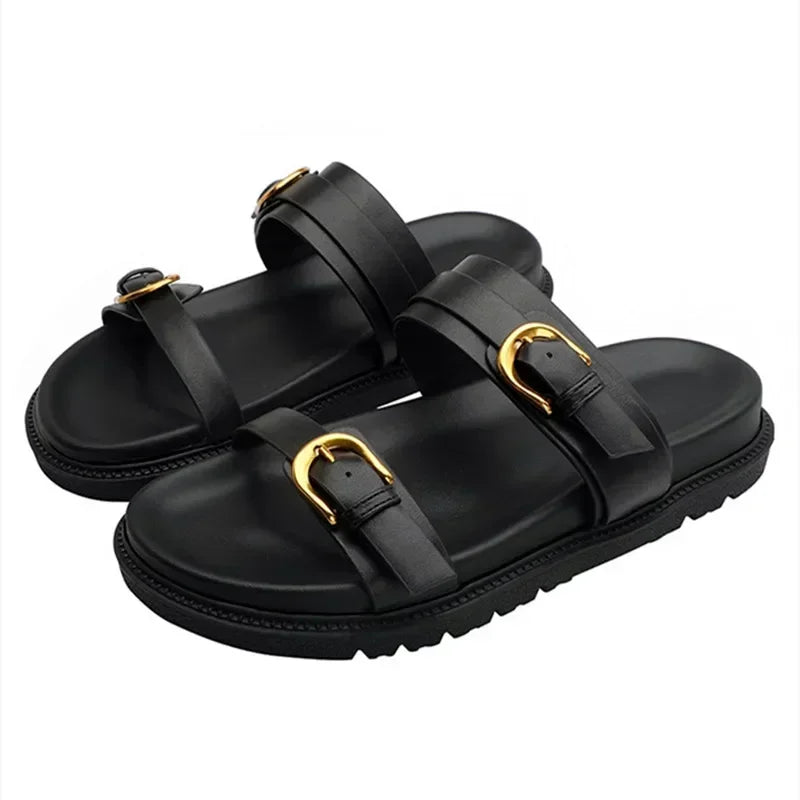 Luxury Brand Designer Platform Slippers for High Quality Soft Leather Metal Buckle Slide Sandals Beach Flat Shoes