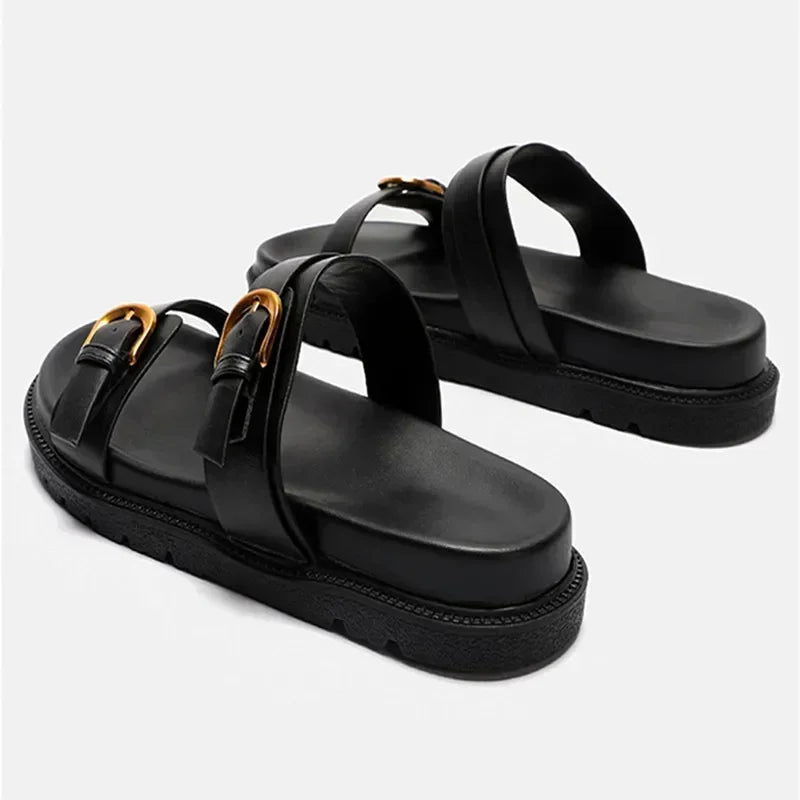 Luxury Brand Designer Platform Slippers for High Quality Soft Leather Metal Buckle Slide Sandals Beach Flat Shoes