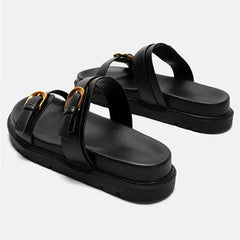 Luxury Brand Designer Platform Slippers for High Quality Soft Leather Metal Buckle Slide Sandals Beach Flat Shoes