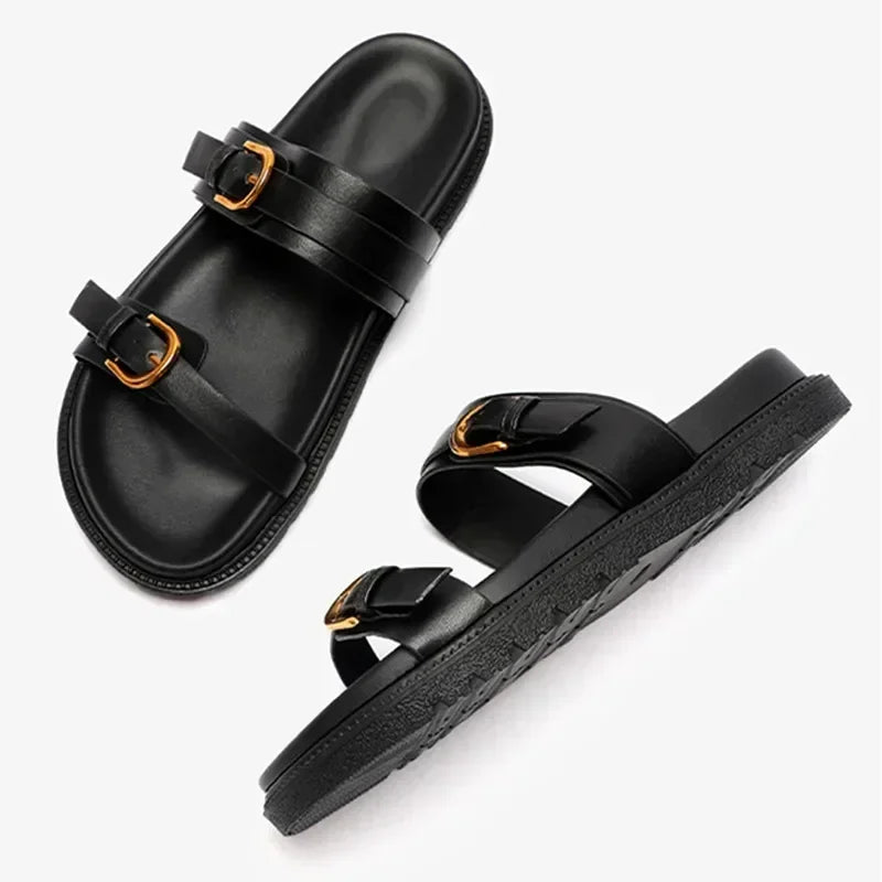 Luxury Brand Designer Platform Slippers for High Quality Soft Leather Metal Buckle Slide Sandals Beach Flat Shoes
