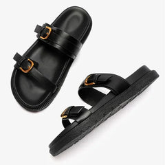 Luxury Brand Designer Platform Slippers for High Quality Soft Leather Metal Buckle Slide Sandals Beach Flat Shoes