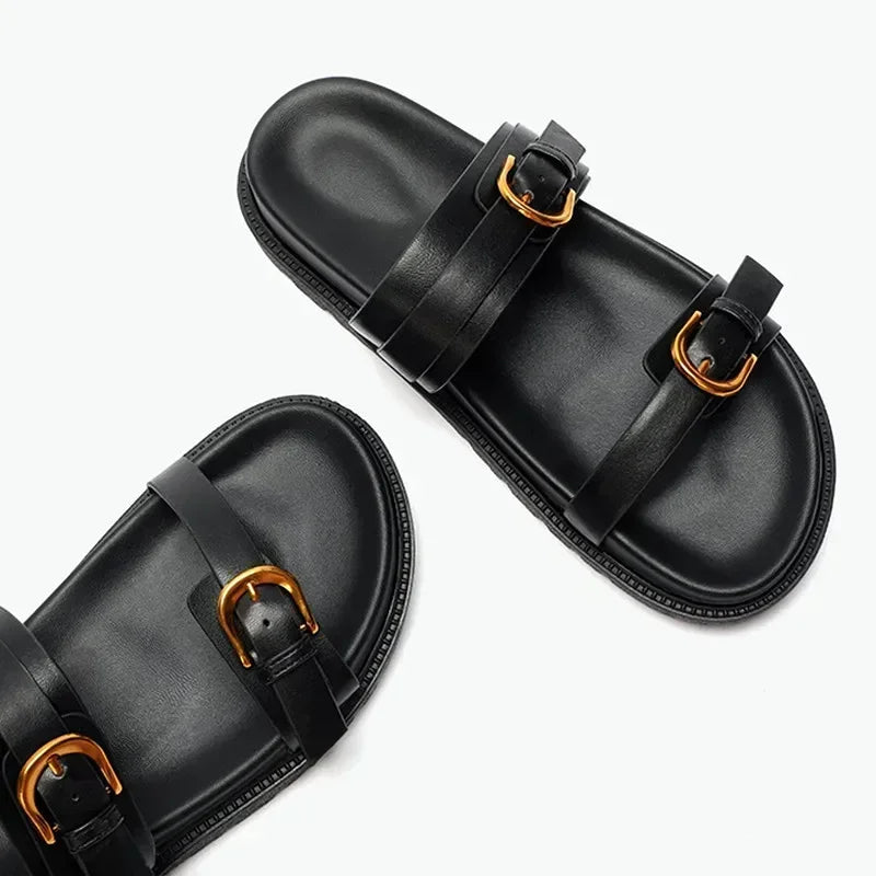 Luxury Brand Designer Platform Slippers for High Quality Soft Leather Metal Buckle Slide Sandals Beach Flat Shoes