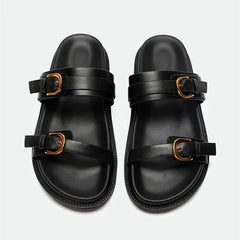 Luxury Brand Designer Platform Slippers for High Quality Soft Leather Metal Buckle Slide Sandals Beach Flat Shoes