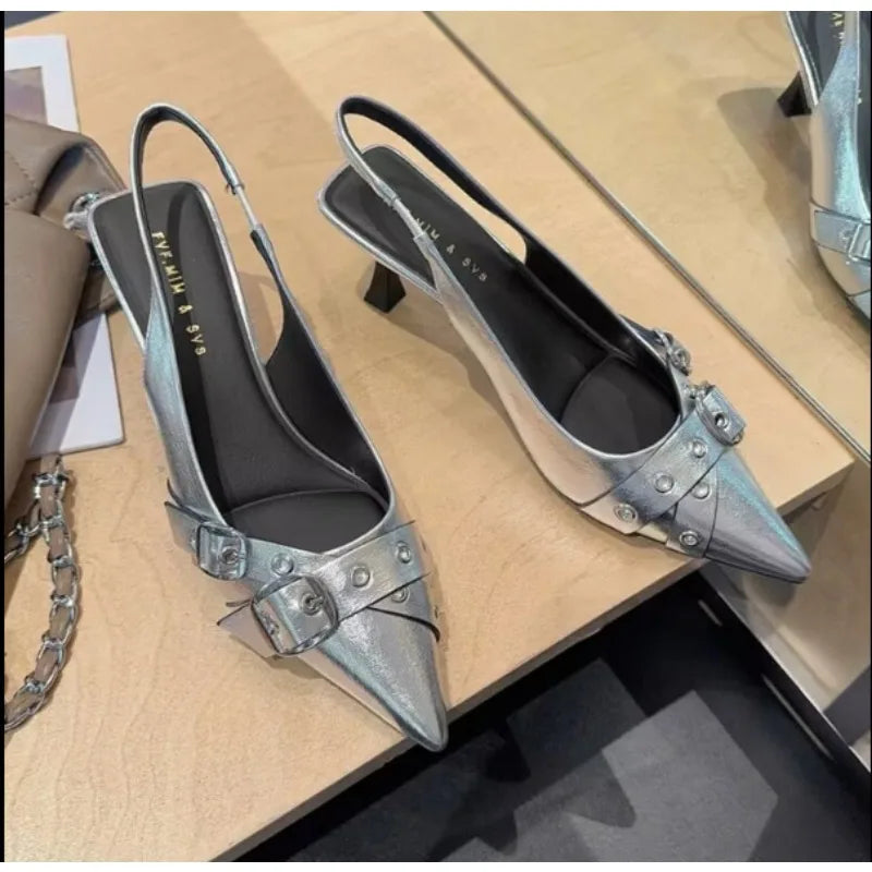 Luxury Brand Designer Sandals Pointed Toe Buckle Strap Metal High Heel