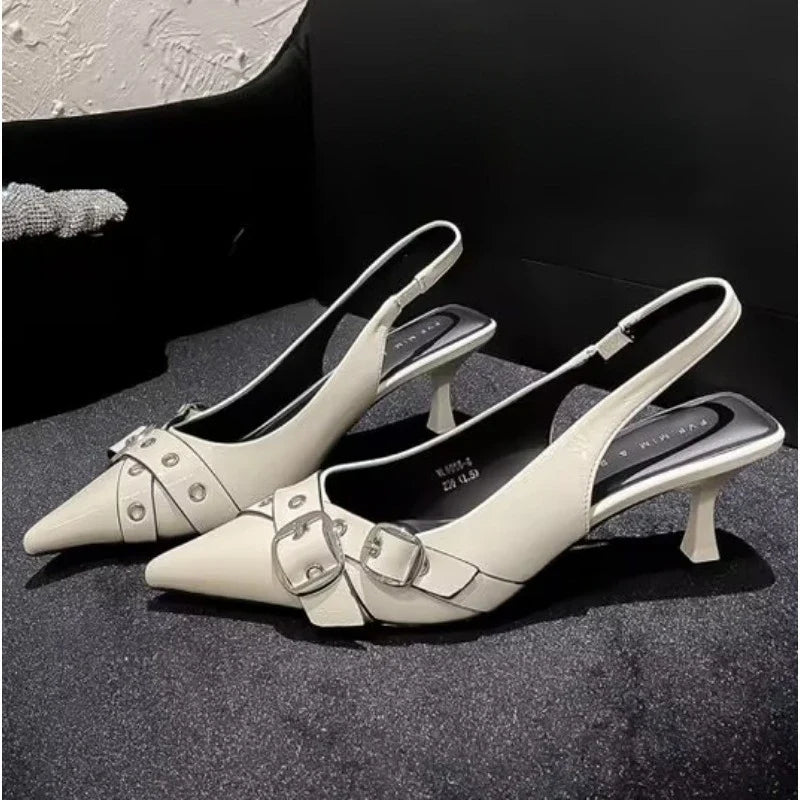 Luxury Brand Designer Sandals Pointed Toe Buckle Strap Metal High Heel